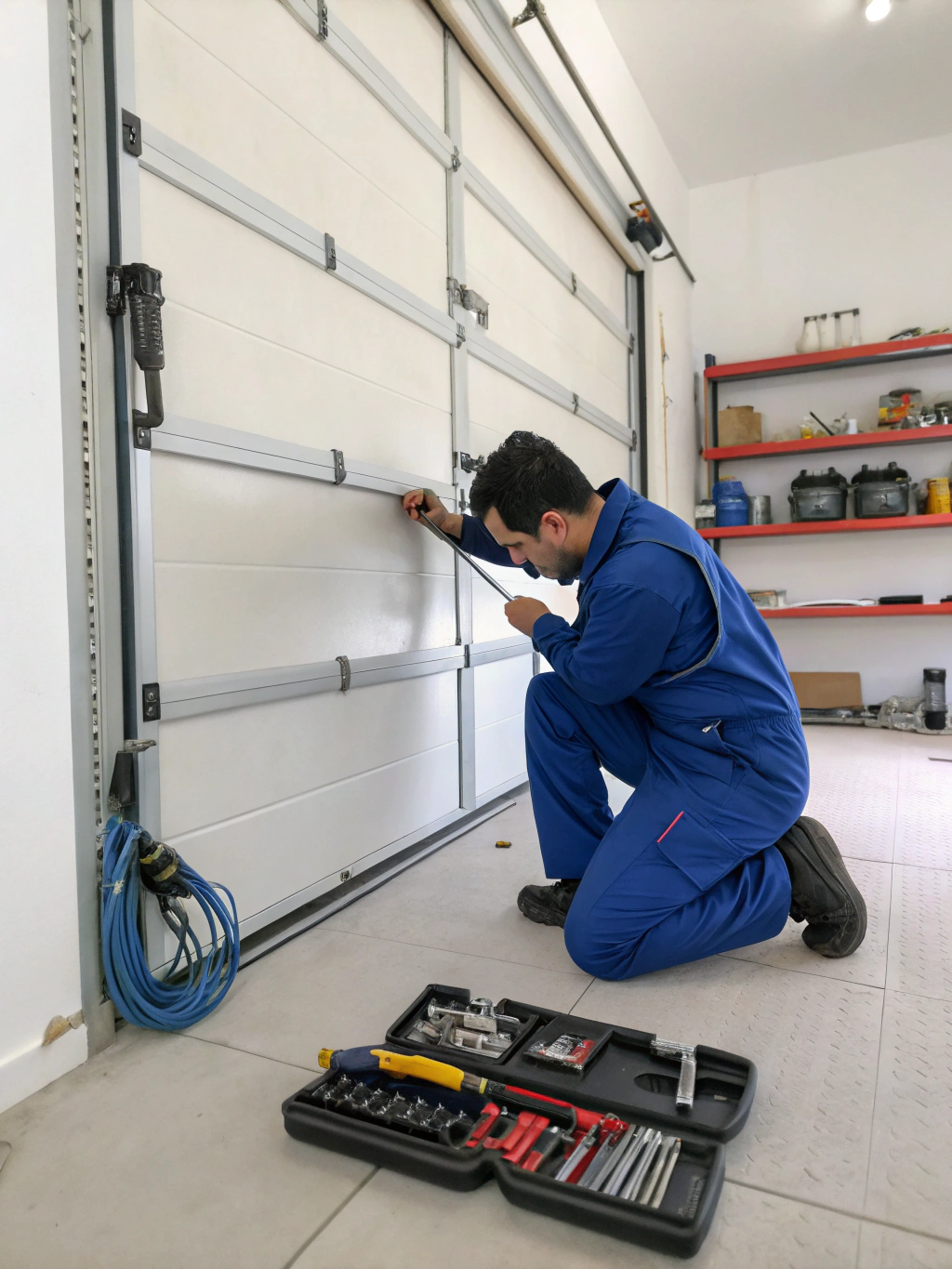 Professional technician repairing garage door spring